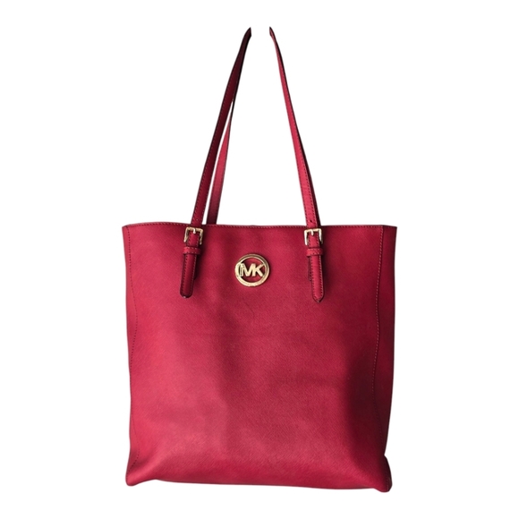 Michael Kors Tote Saffiano Leather Bag Red Women Large Logo 14x15 - Picture 1 of 16